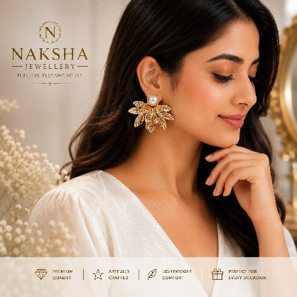 Gold Leaf Pearl Stud Earrings
