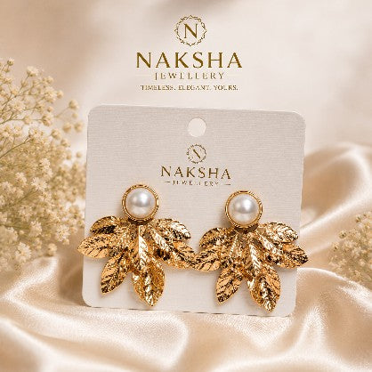Gold Leaf Pearl Stud Earrings