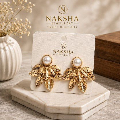 Gold Leaf Pearl Stud Earrings
