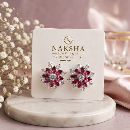 Ruby Red CZ Floral Stud Earrings