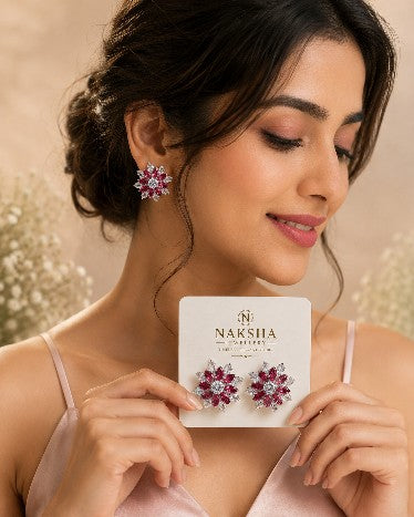 Ruby Red CZ Floral Stud Earrings