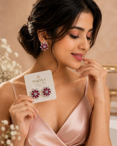 Ruby Red CZ Floral Stud Earrings