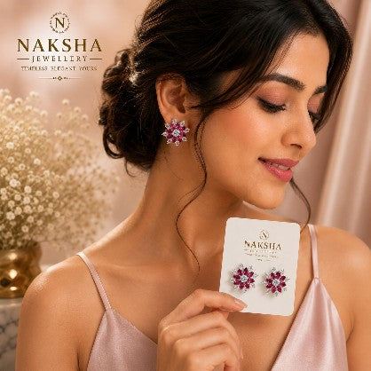 Ruby Red CZ Floral Stud Earrings