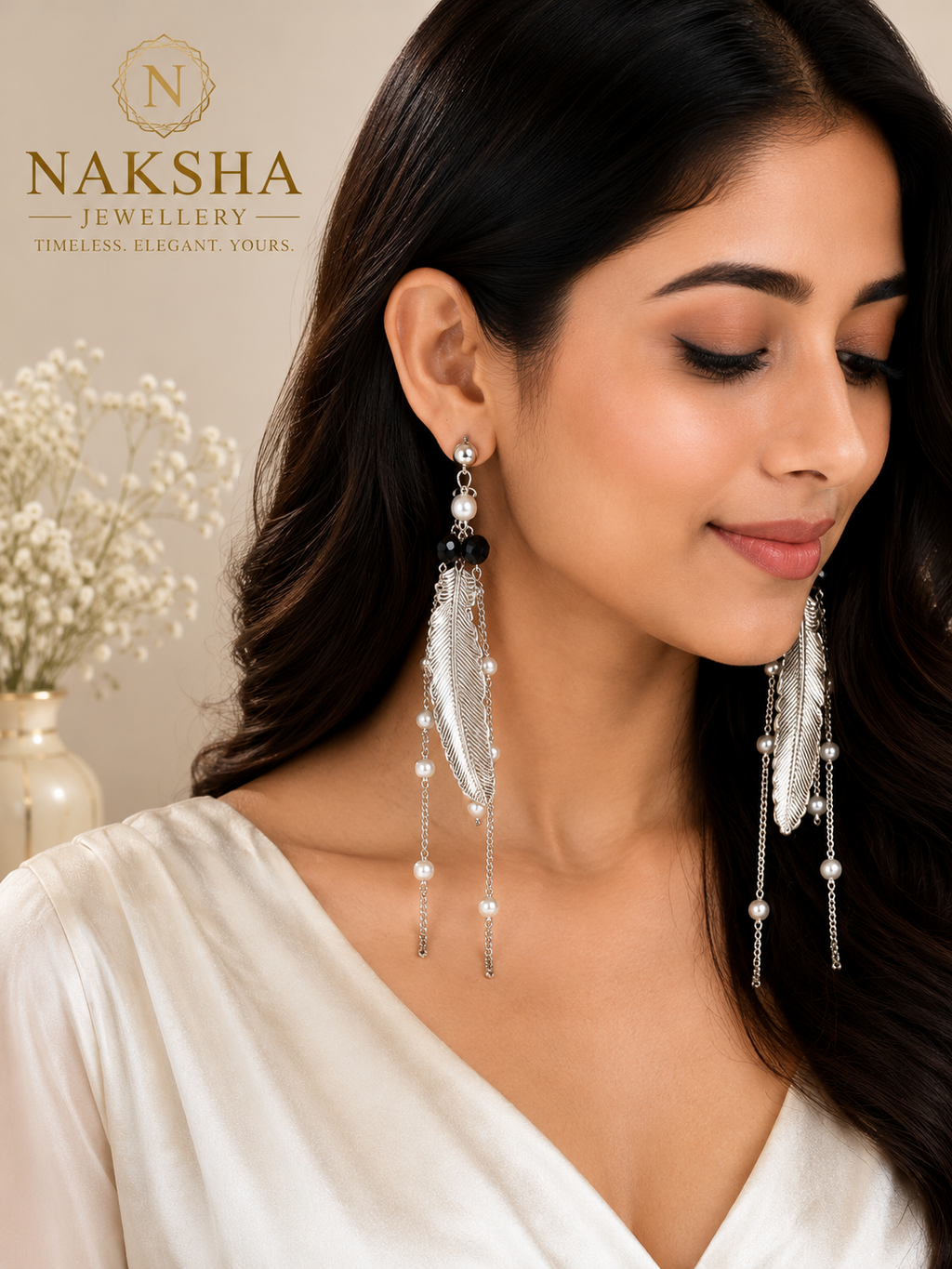 Silver Feather & Pearl Drop Earrings