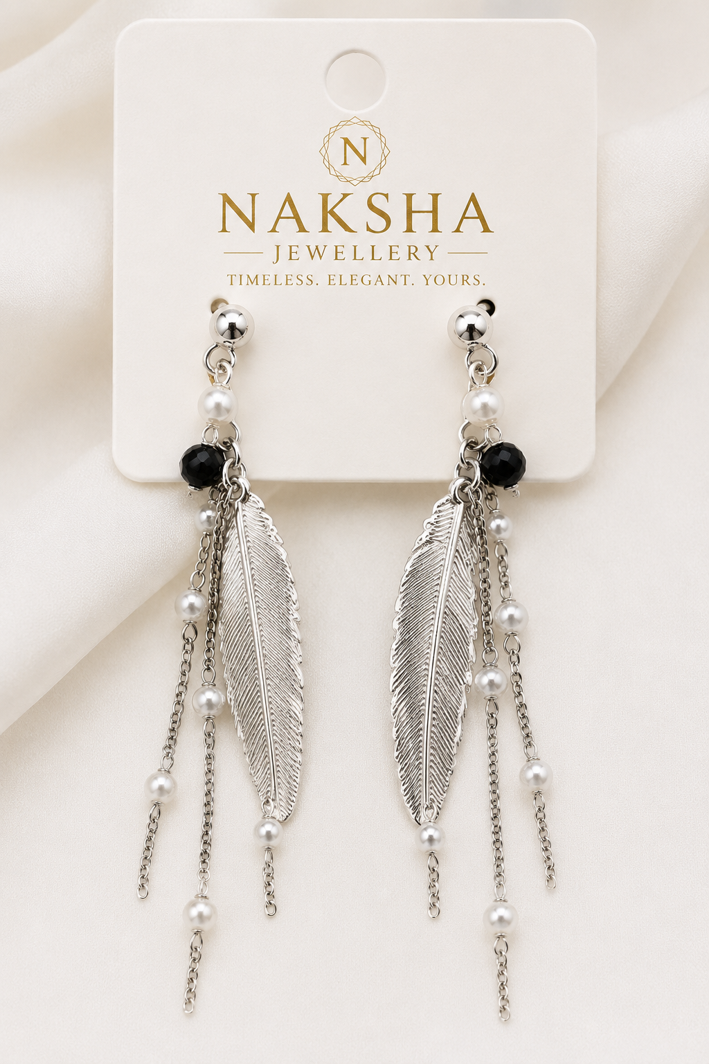 Silver Feather & Pearl Drop Earrings