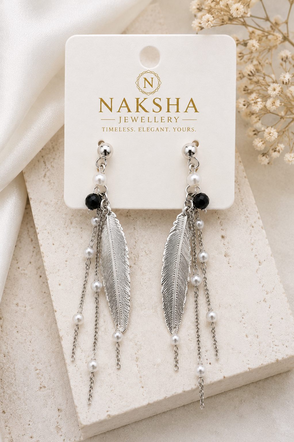 Silver Feather & Pearl Drop Earrings