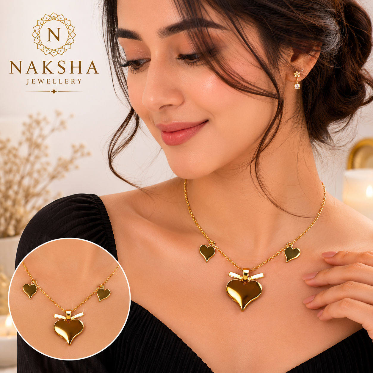 Gold Triple Heart Charm Necklace