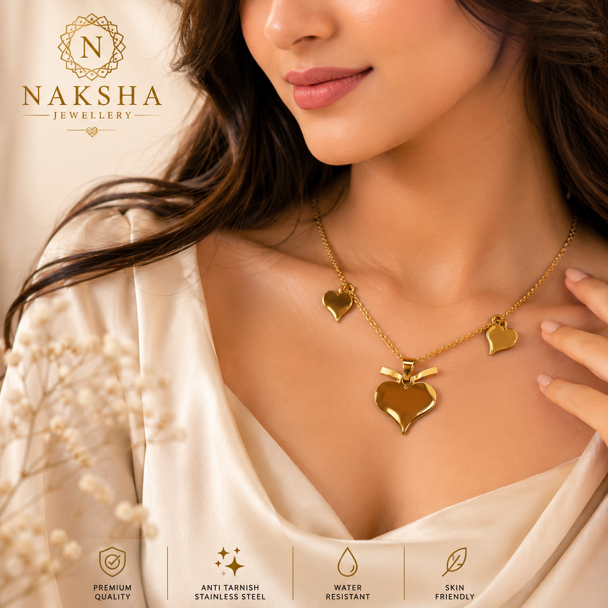 Gold Triple Heart Charm Necklace