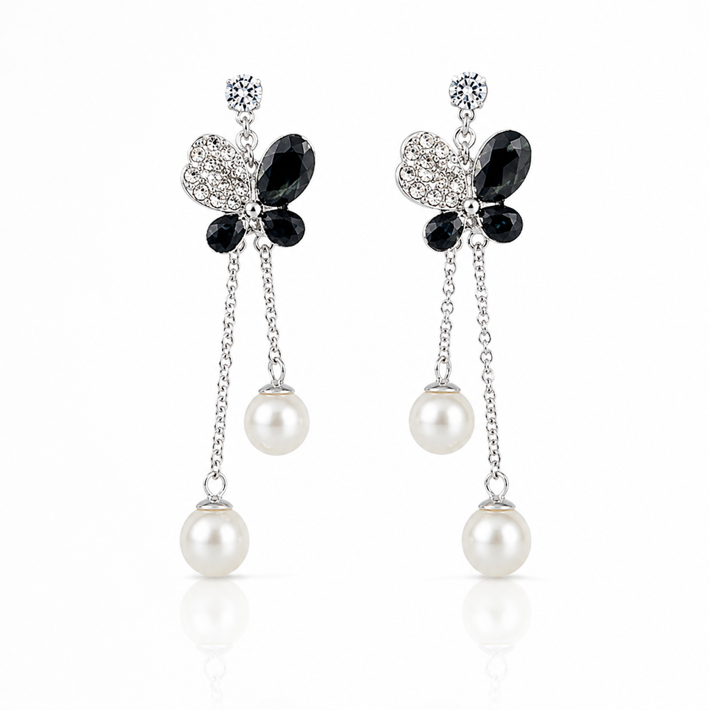 Black Butterfly CZ Pearl Drop Earrings