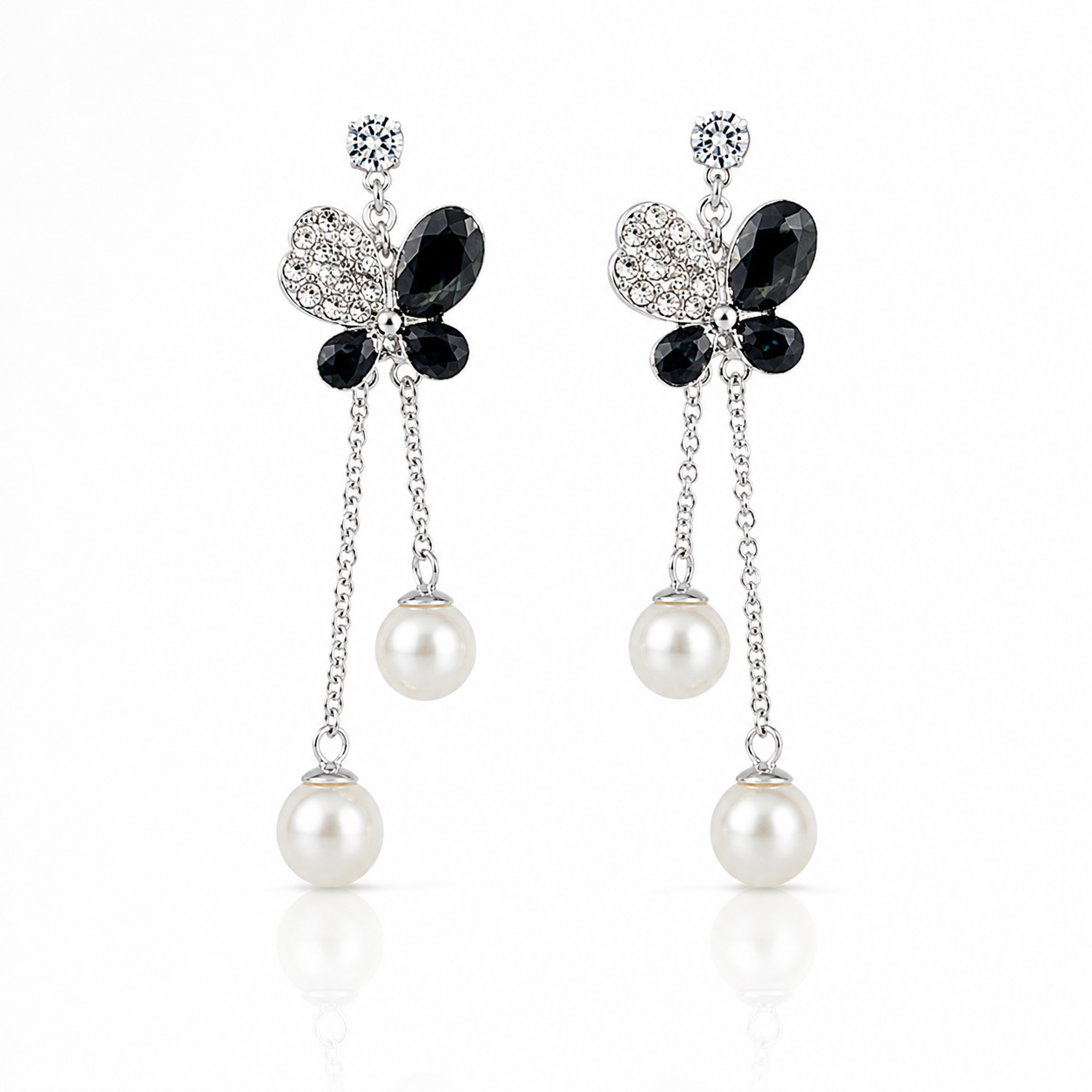 Black Butterfly CZ Pearl Drop Earrings