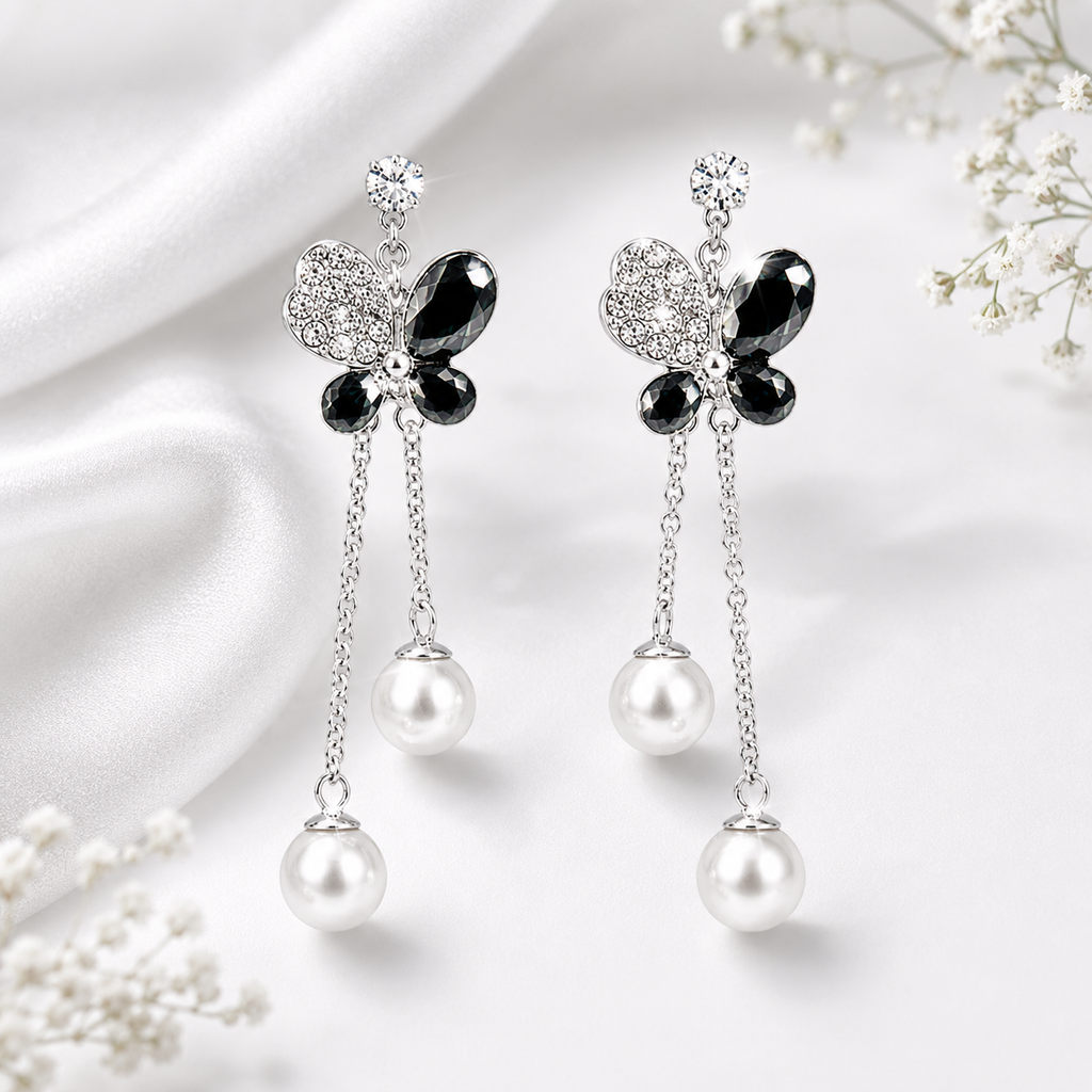 Black Butterfly CZ Pearl Drop Earrings