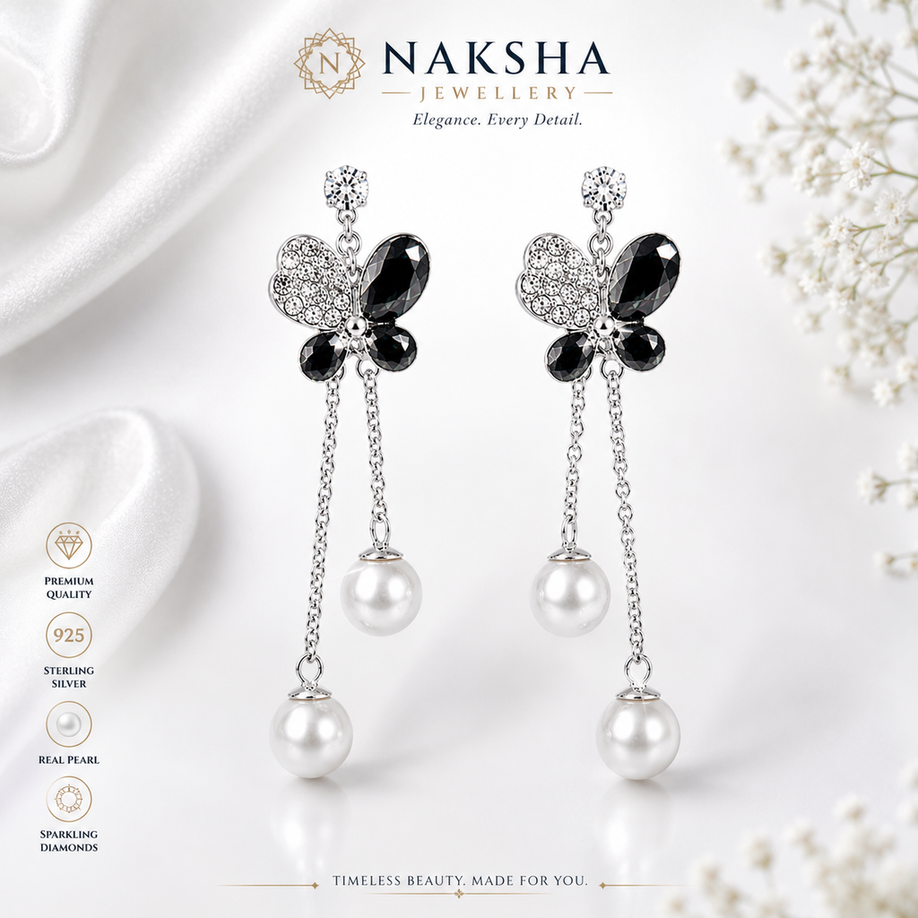 Black Butterfly CZ Pearl Drop Earrings