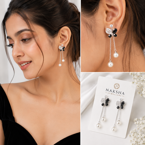 Black Butterfly CZ Pearl Drop Earrings
