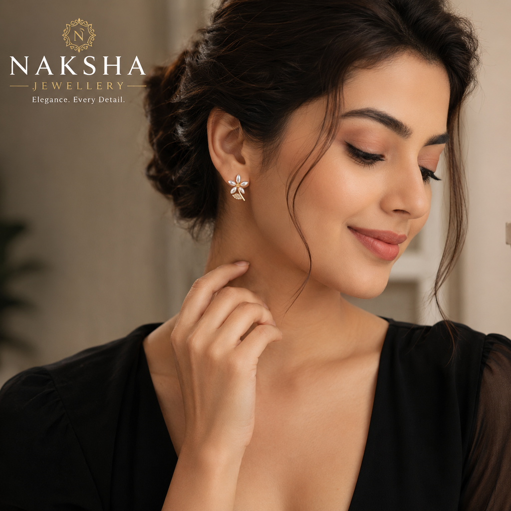 CZ Floral Leaf Stud Earrings