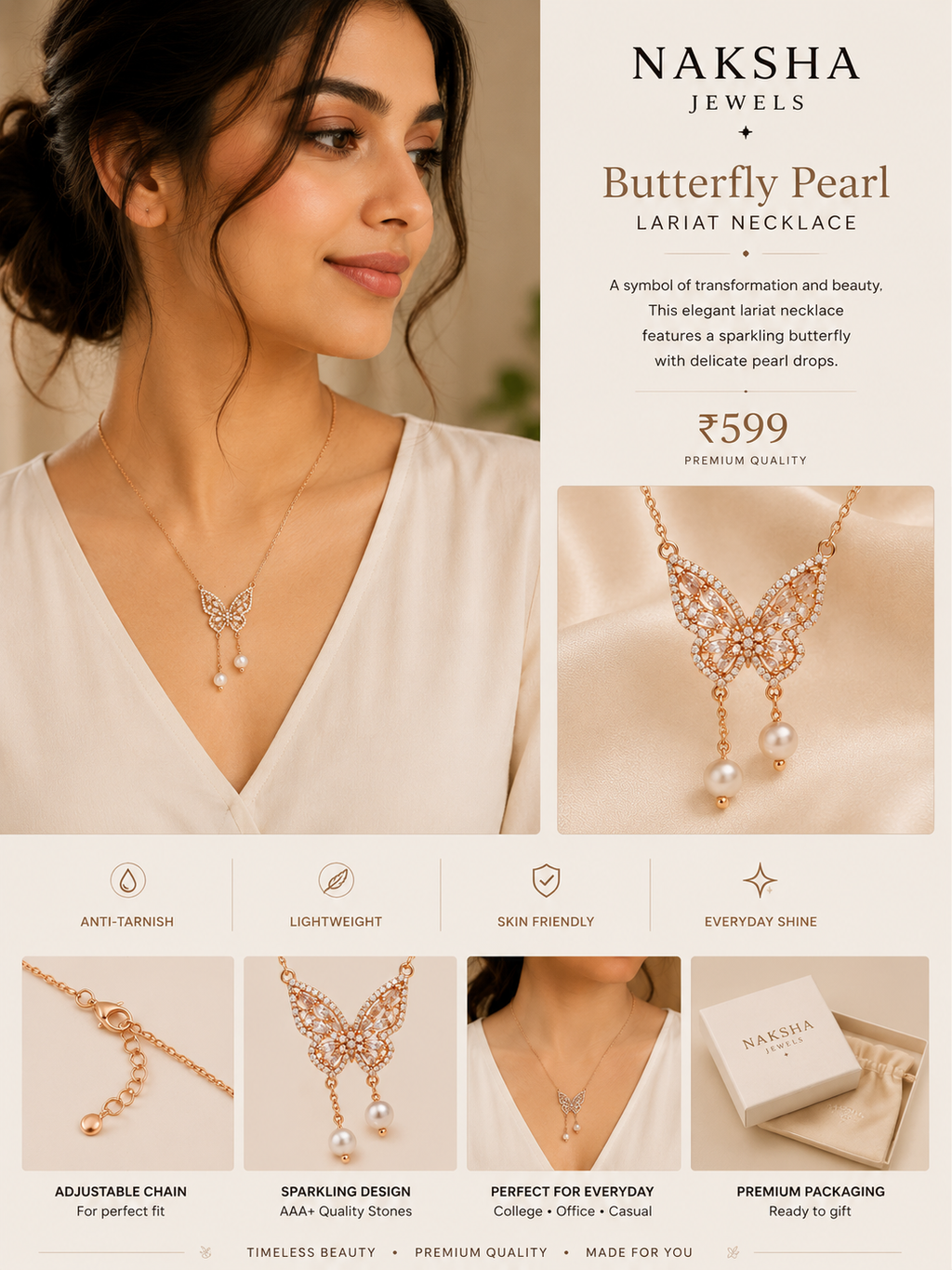 Naksha Butterfly Pearl lariats Necklace