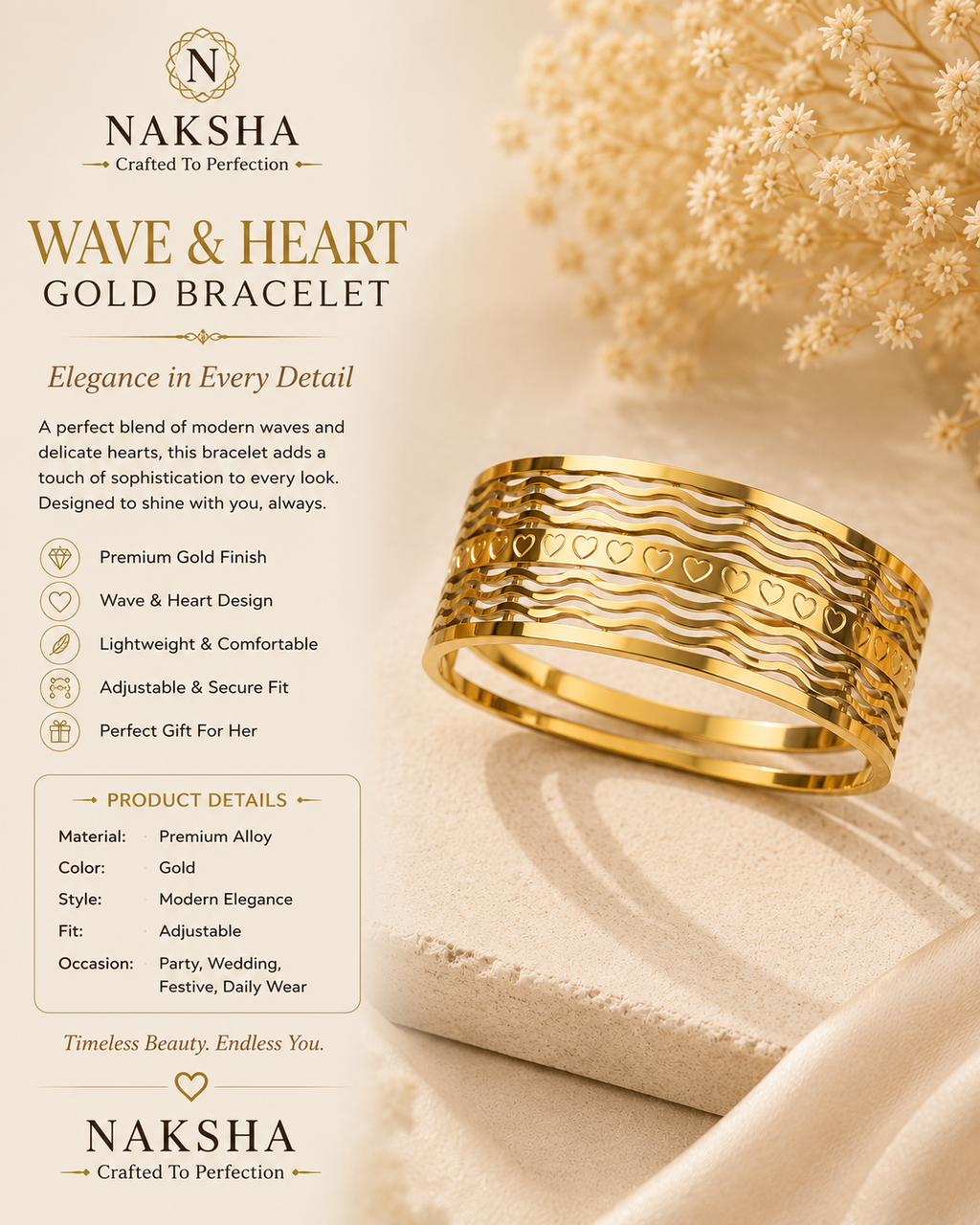 Wave & Heart Gold Bracelet