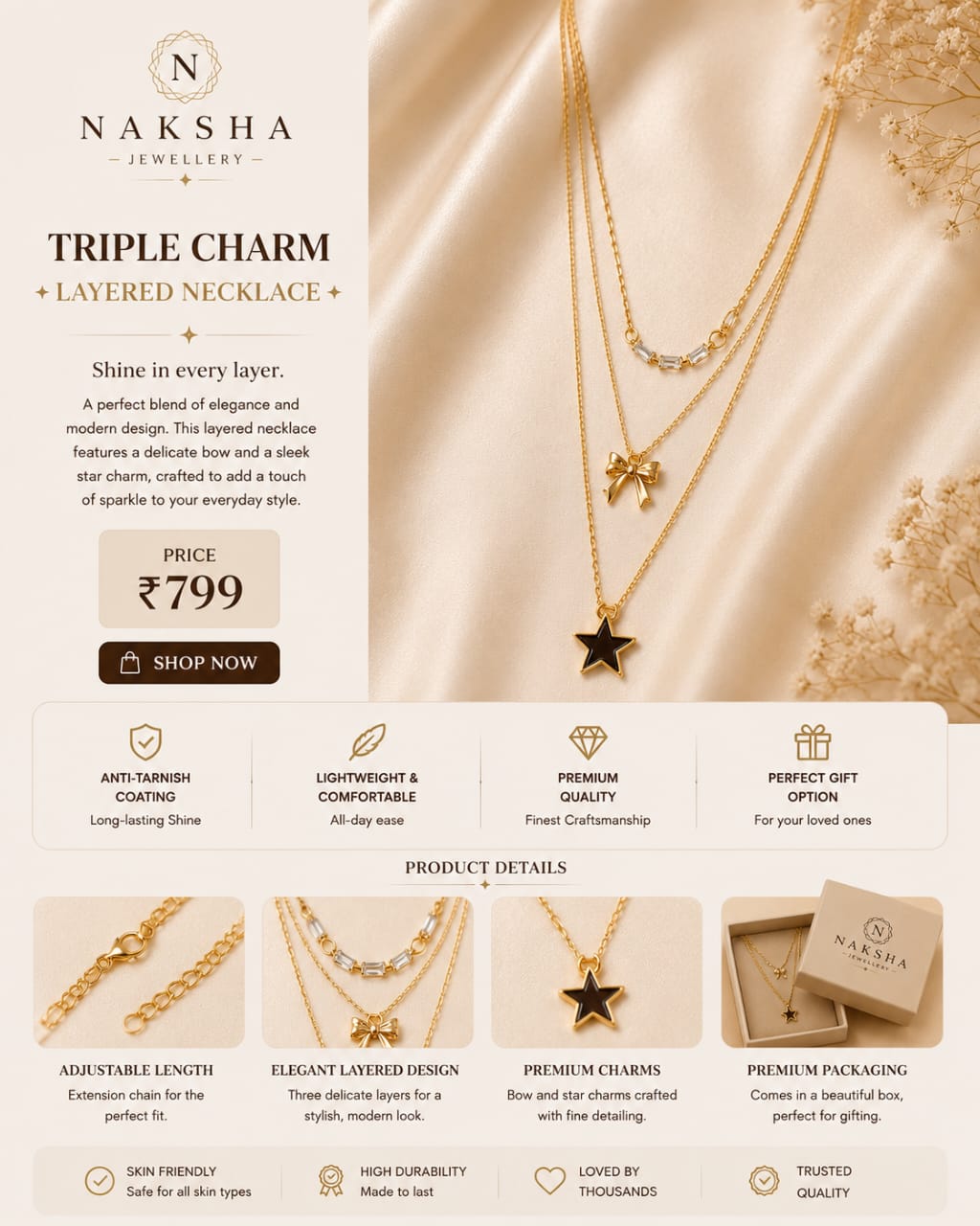 Triple Charm Layered Necklace