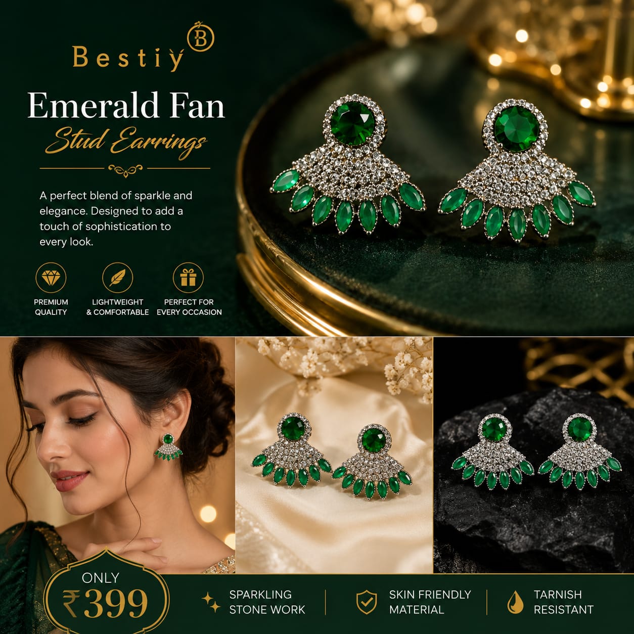 Emerald Fan Stud Earrings